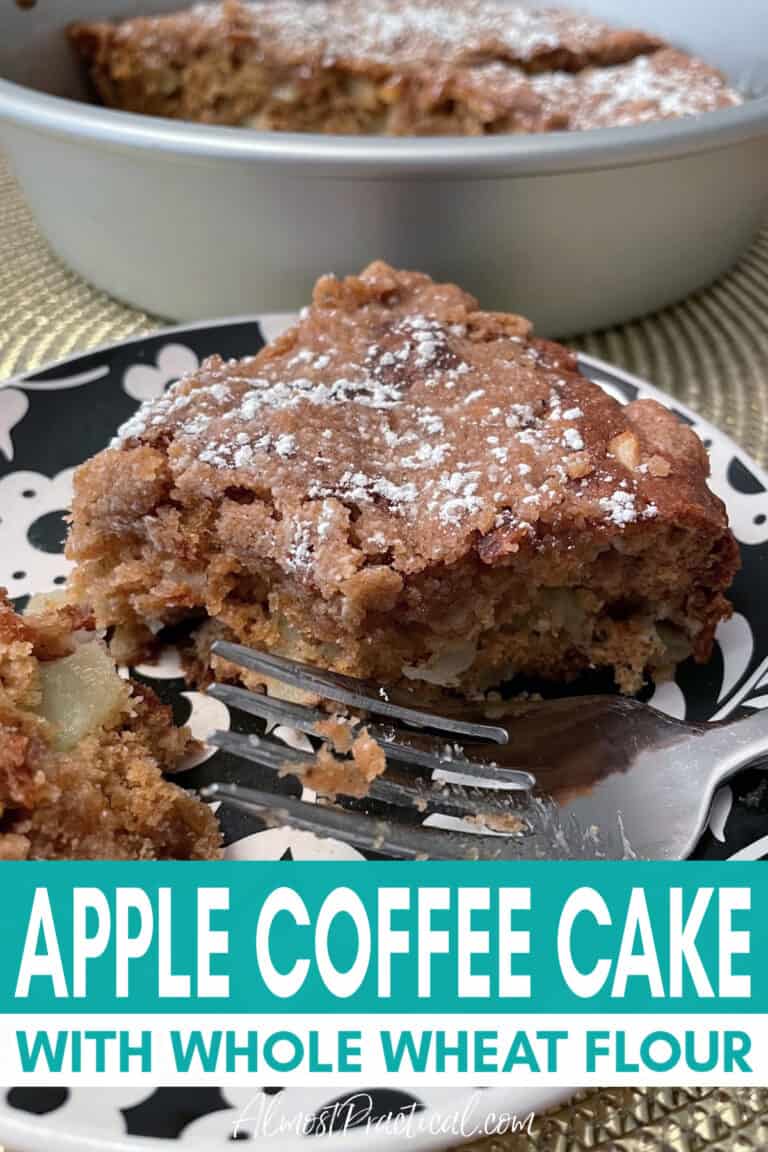 apple coffee cake slice on plate with fork