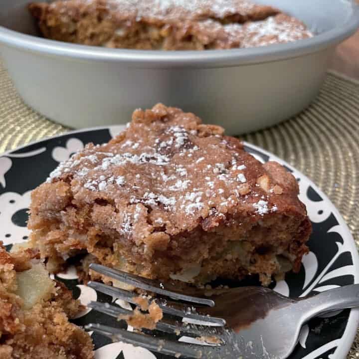 slice of apple coffee cake on plate with fork