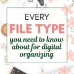 the words "every file type you need to know about for digital organizing" superimposed on an image of a desktop cluttered with office supplies and a keyboard in an aesthetically pleasing manner