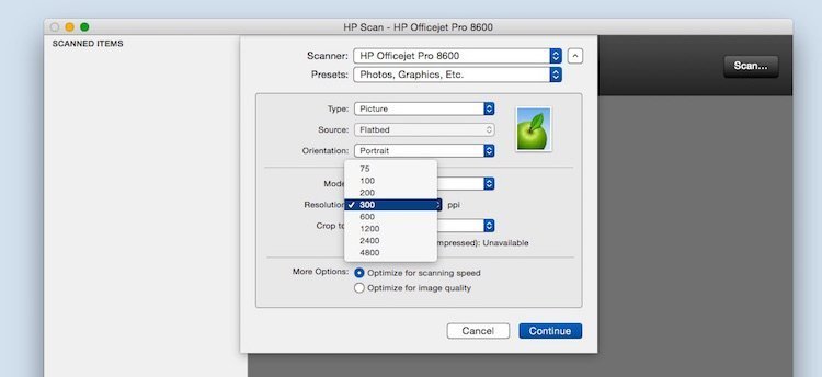 Resolution selection in HP Scan