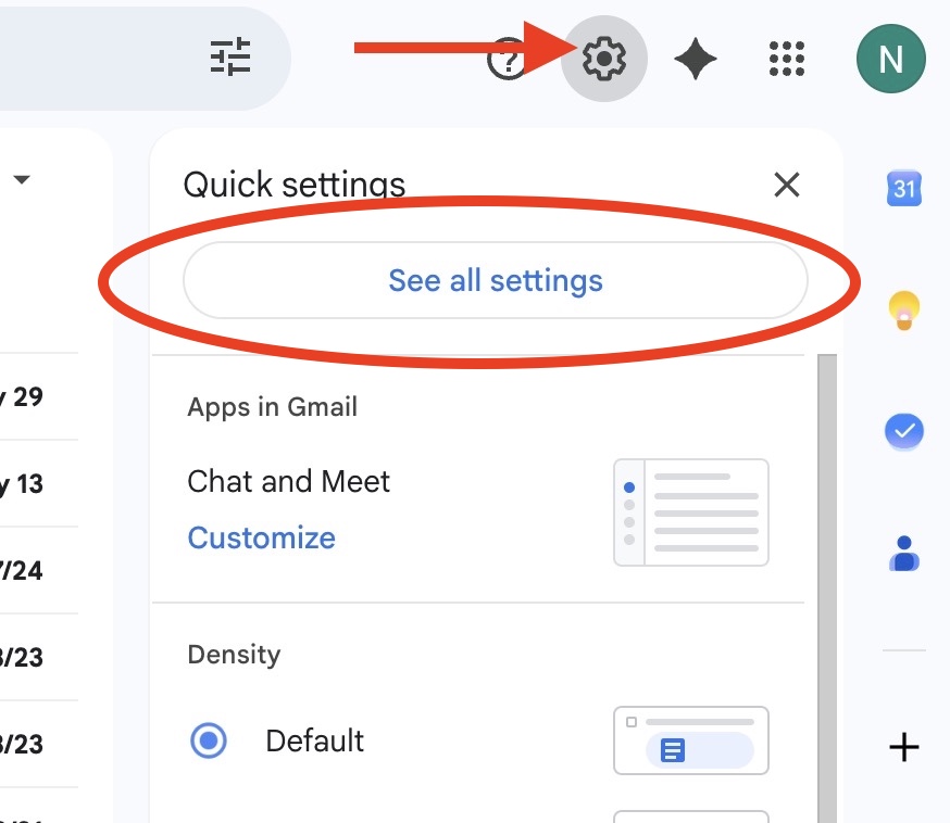 screenshot of where to find settings in Gmail interface