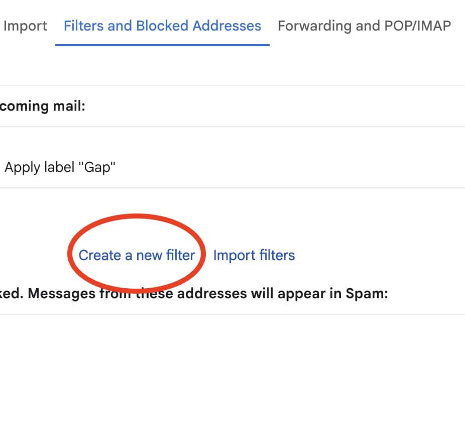 the create a new filter link in the Gmail Interface
