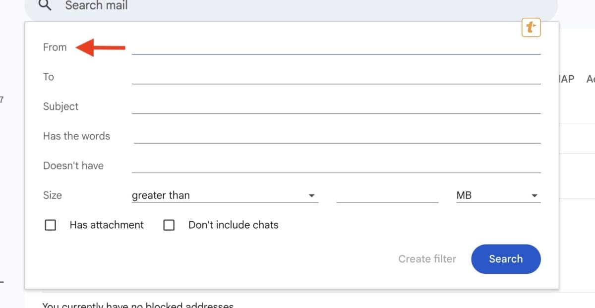 screenshot of screen where to enter filter criteria in gmail