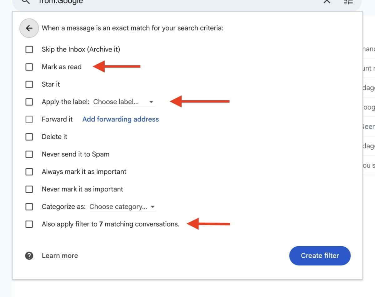 choices of what Gmail should do with the email messages it catches in your filter