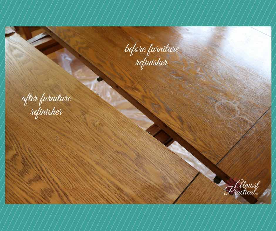 before and after photo of the kitchen table top during the process of refinishing