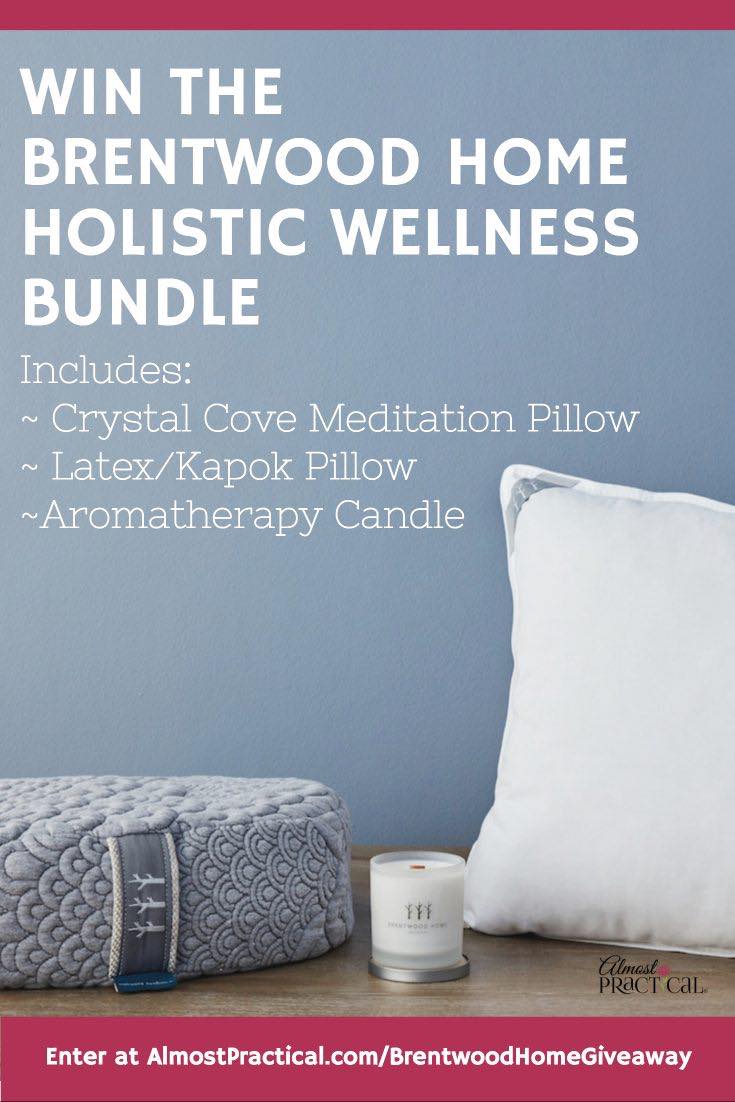 The Brentwood Home Holistic Wellness Bundle includes a Crystal Cove Meditation Pillow, latex/kapok pillow, and aromatherapy candle.