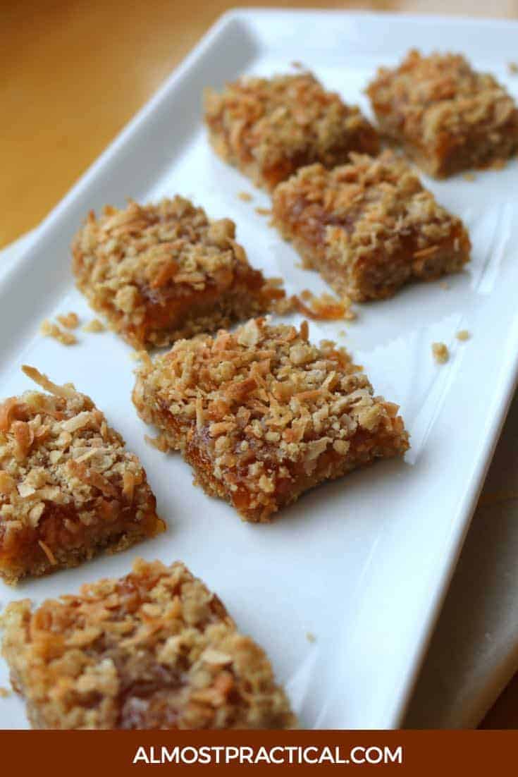 Apricot bars with coconut crumble topping. A perfect recipe for dessert.