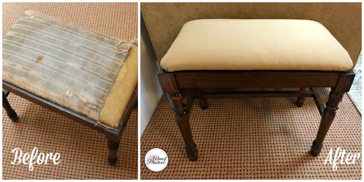 The before and after pictures of my how to reupholster a bench DIY. Even though I made some beginner mistakes along the way - the end result is still 100% better than before.