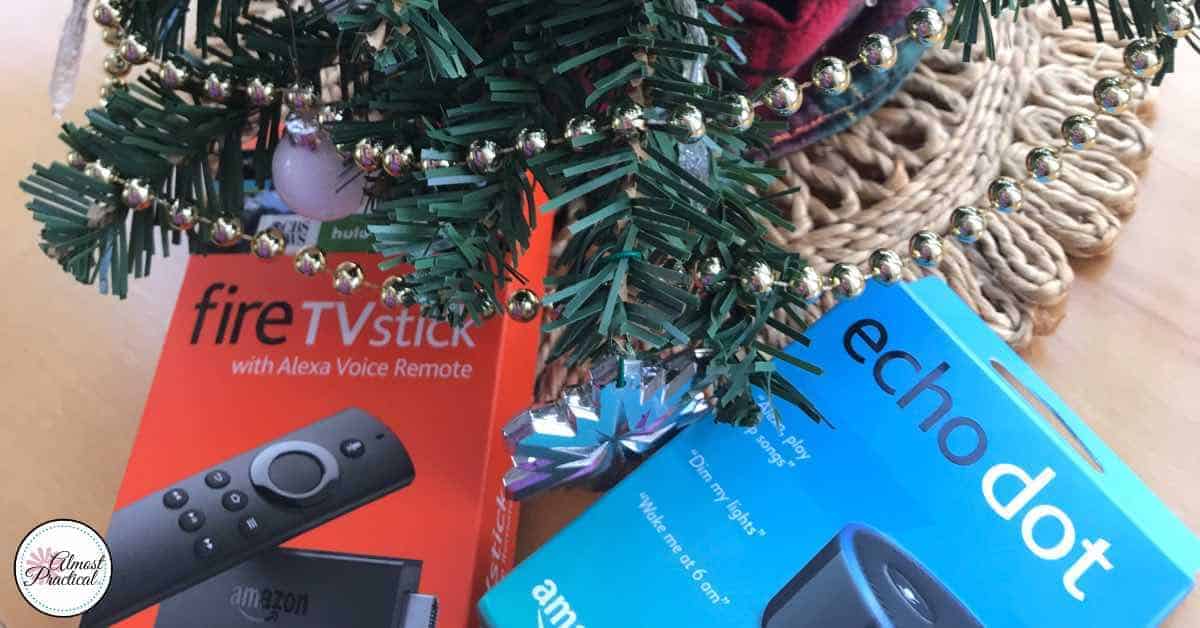 Amazon Echo Dot and Fire TV Stick under the Christmas tree.