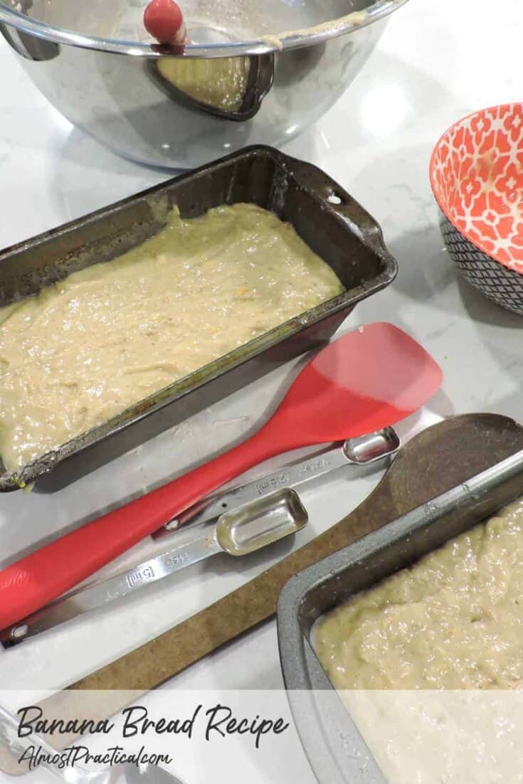 photo of banana bread batter in loaf pans and various cooking utensils