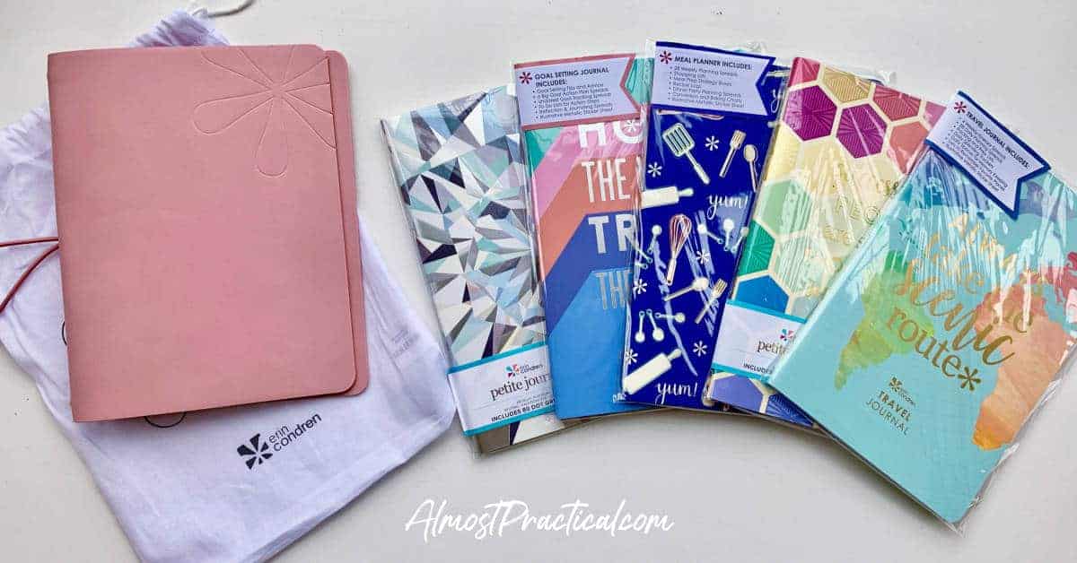 The Erin Condren On the Go Folio in mauve with 5 of the Petite Planner Journals and Notebooks fanned out beside it.