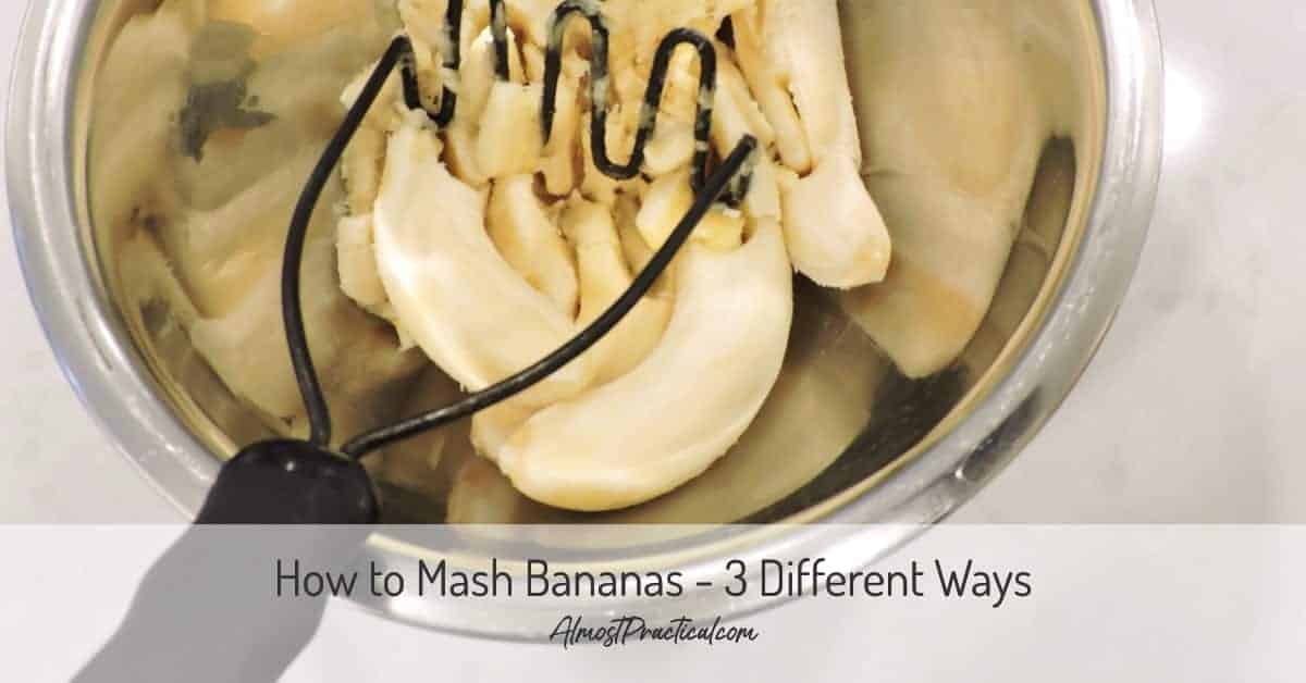 photo of bananas in mixing bowl being mashed with potato masher.