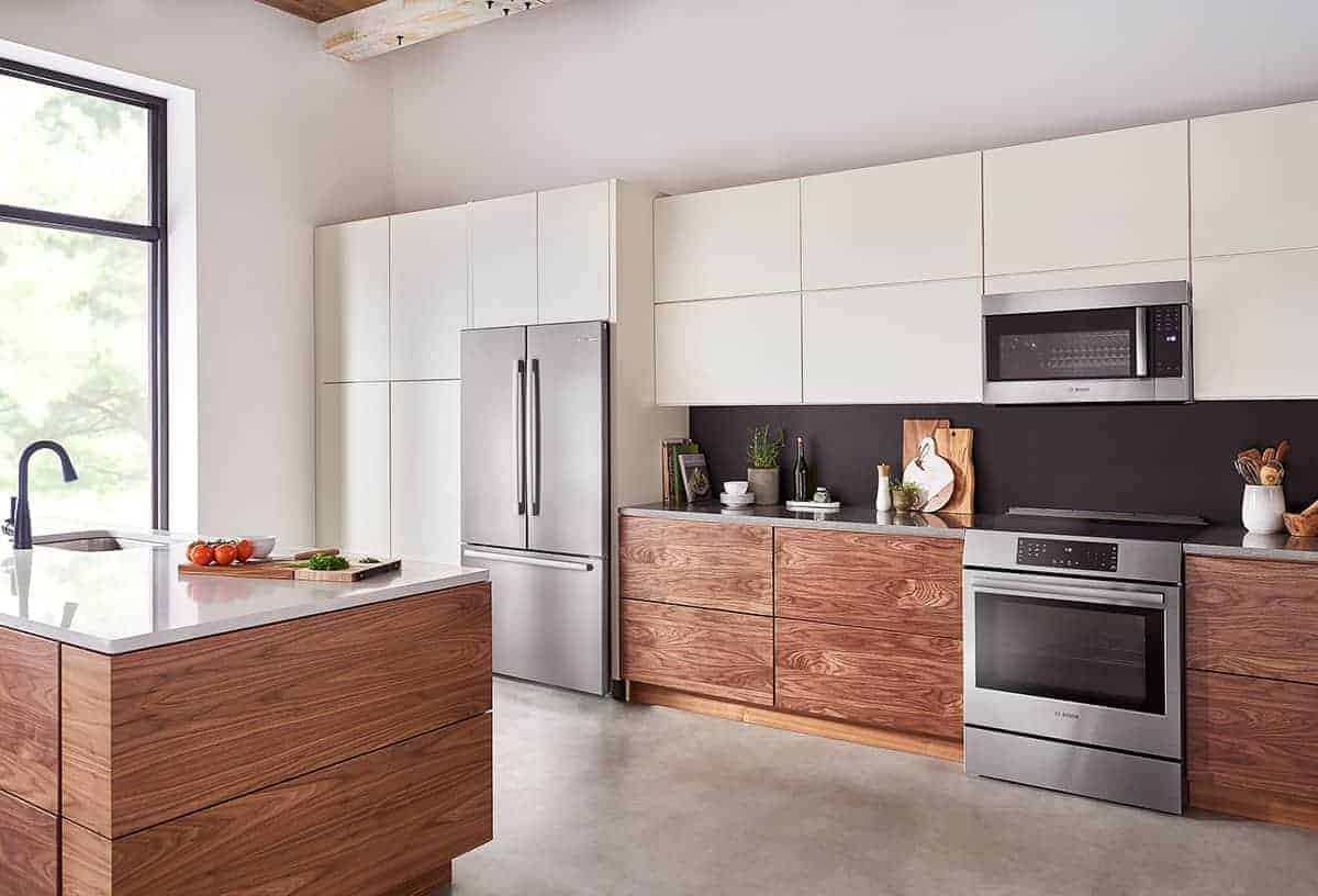 photo of a Bosch counter depth refrigerator in a modern kitchen