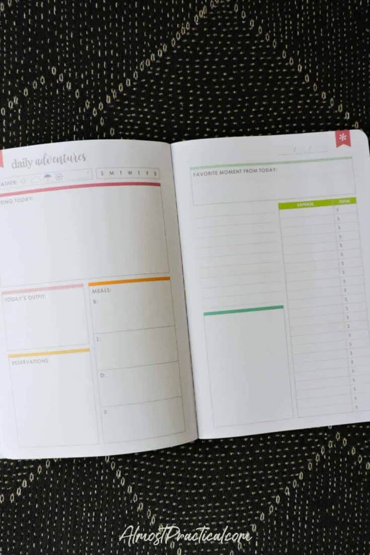A photo of the daily planning pages in the EC Travel Journal - on black patterned table/background.