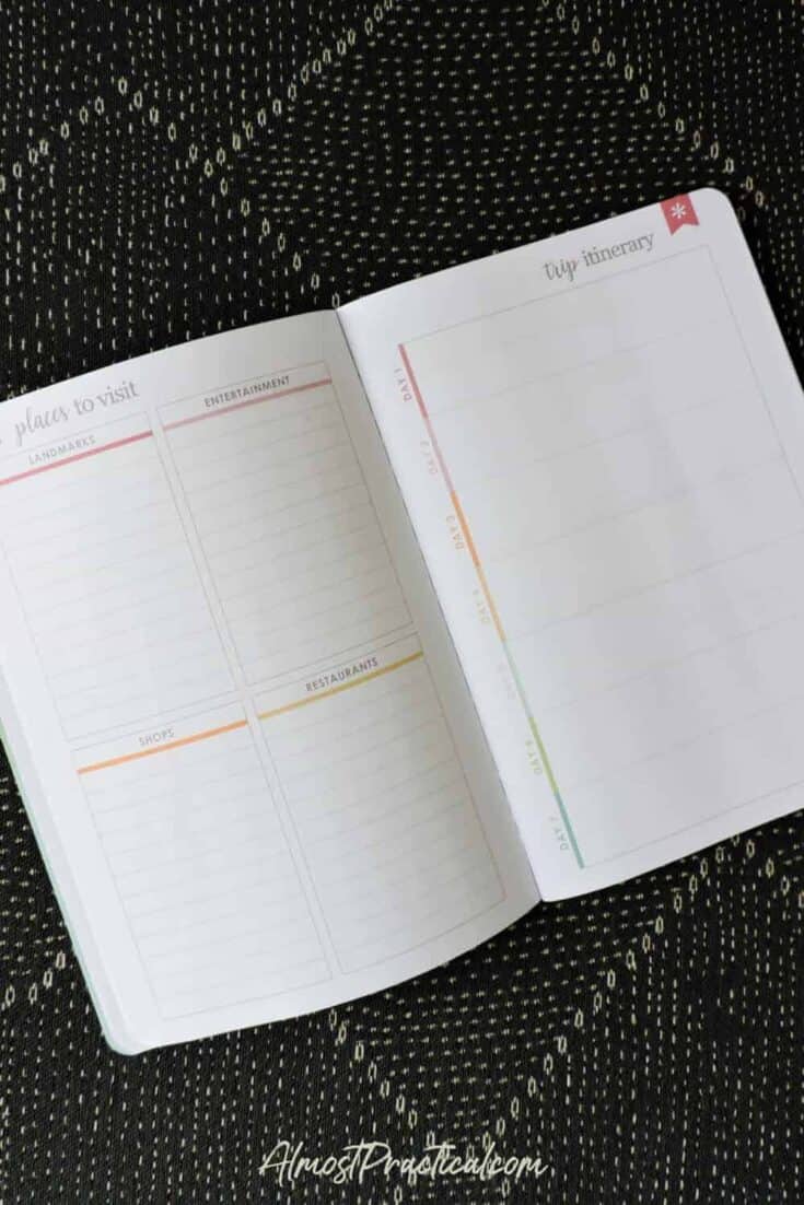 A photo of the itinerary pages in the EC Travel Journal - on black patterned table/background.