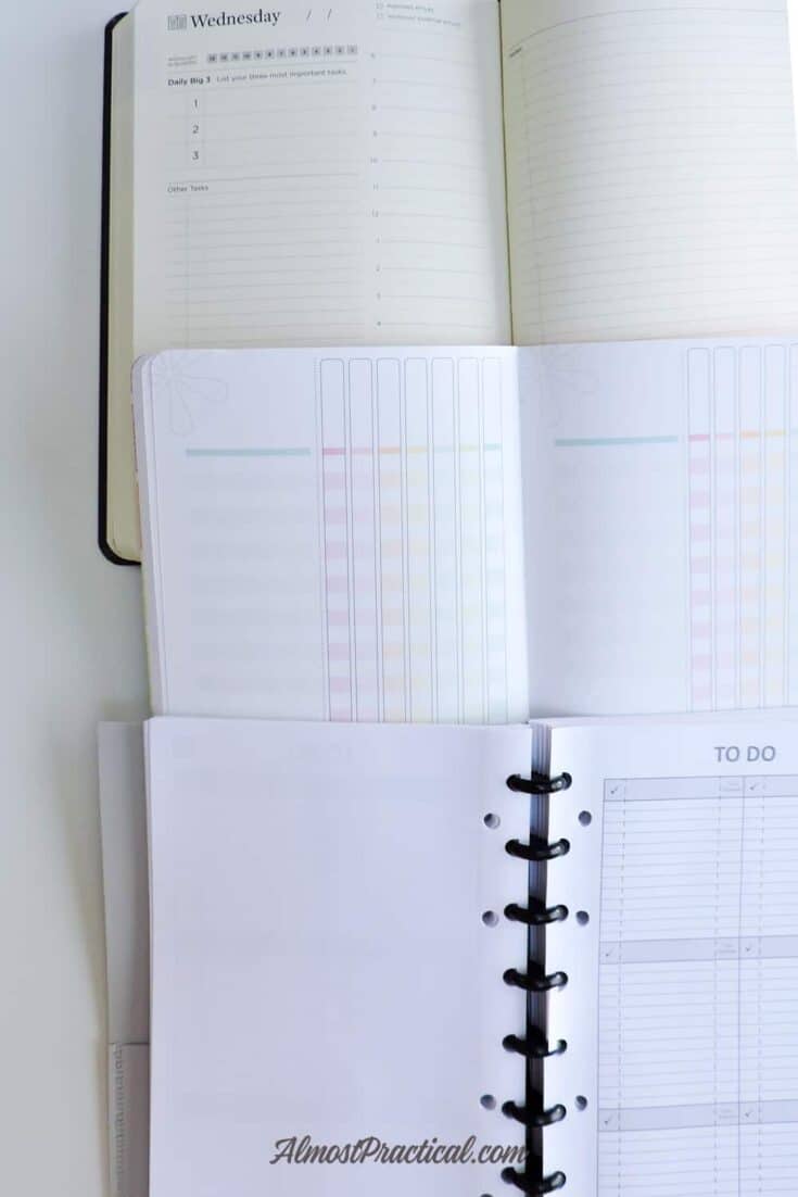 A selection of 3 different planners - the Full Focus Planner by Michael Hyatt, the Erin Condren Checklist Petite Planner, and the