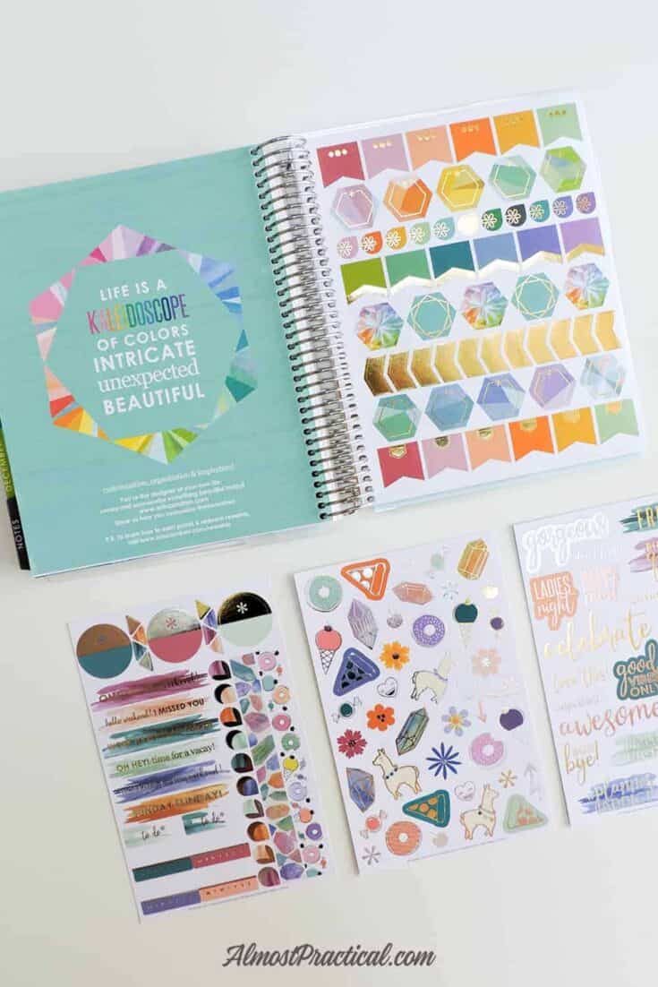 The Erin Condren LifePlanner Binder open to the sticker page and 3 sticker sheets.