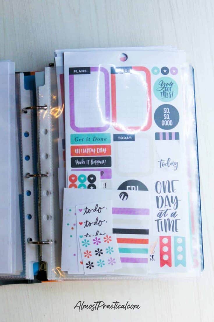 a collection of Happy Planner stickers that have a common color theme - aqua, lilac, and salmon