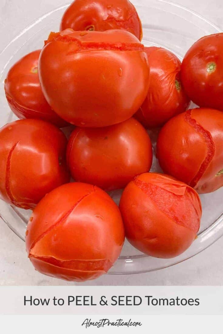 a pile of blanched tomatoes ready to be peeled.