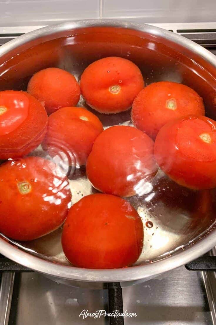 blanching tomatoes in a pot of boiling water