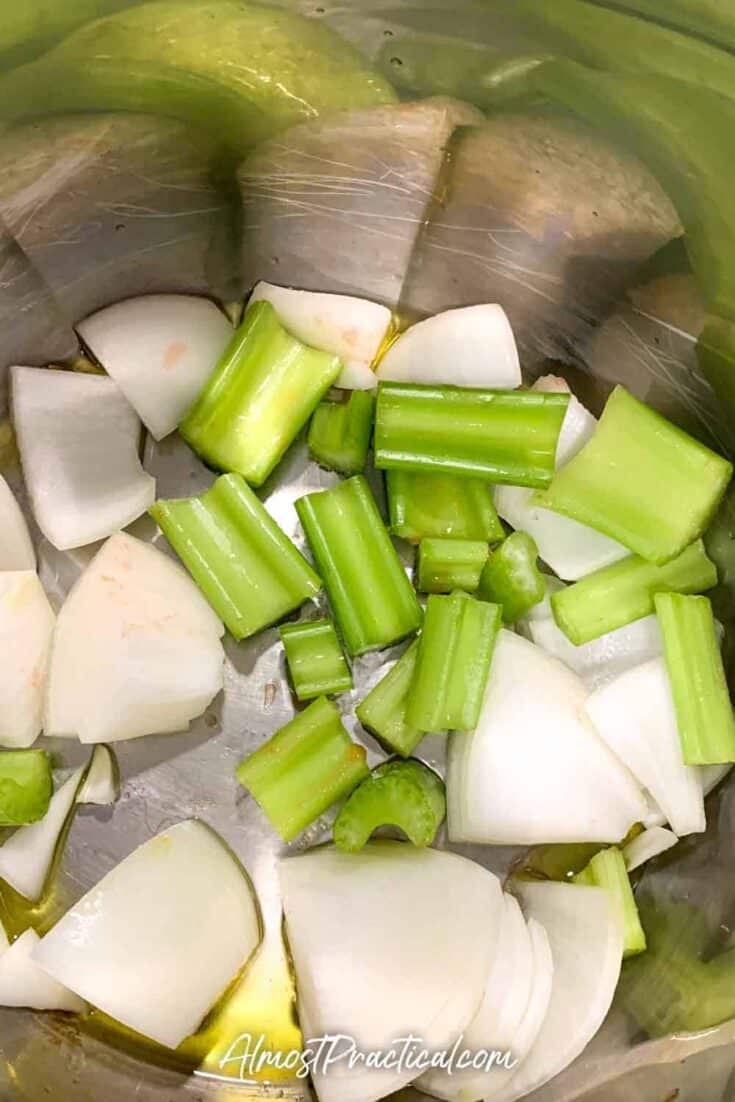 quartered onion and cut celery in a stainless steel mixing bowl