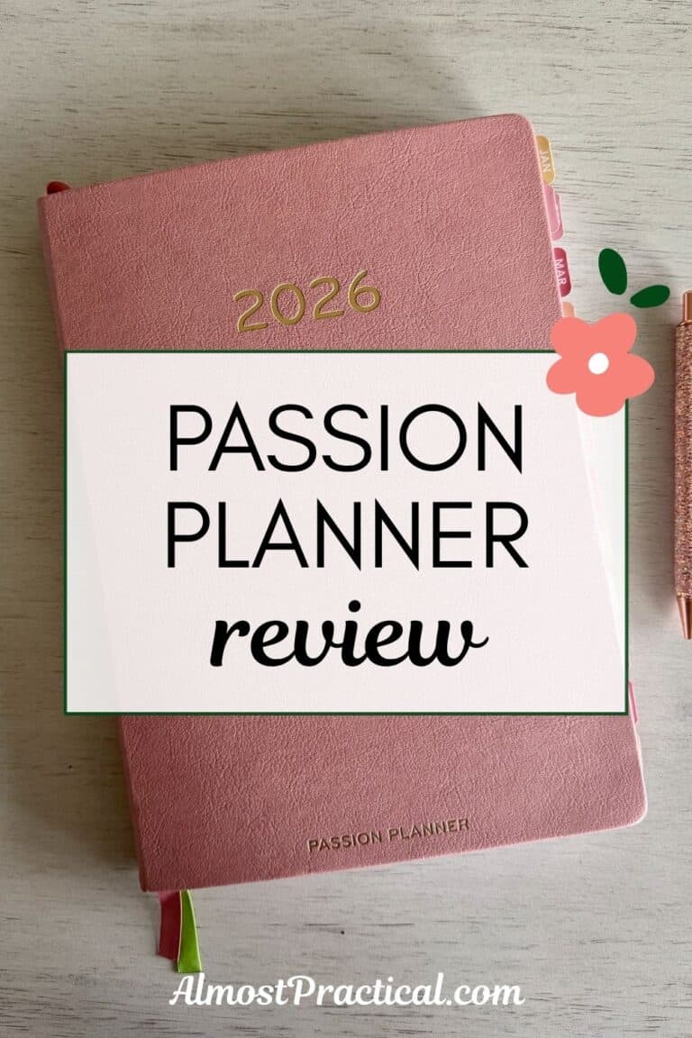 the words "Passion Planner Review" superimposed on a photo of a pink Passion Planner on a gray tabletop