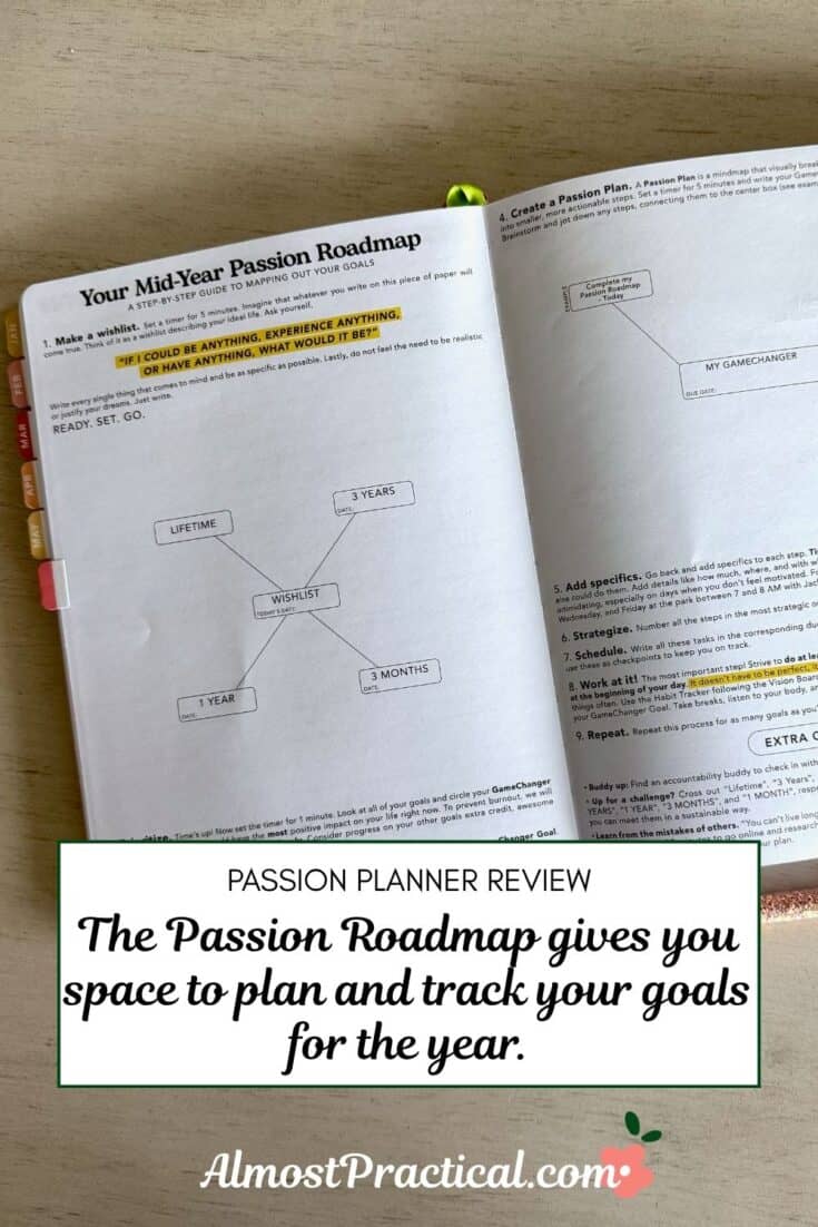 the words "Passion Planner Review The Passion Roadmap gives you space to plan and track your goals for the year." superimposed on a photo of the Passion Roadmap page in the Passion Planner.