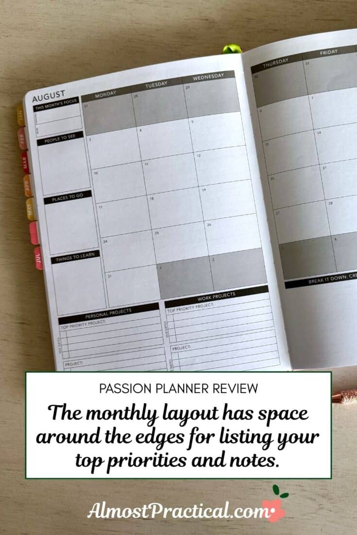The words "The monthly layout has space around the edges for listing your top priorities and notes." superimposed on a photo of the Passion Planner open to the monthly layout page