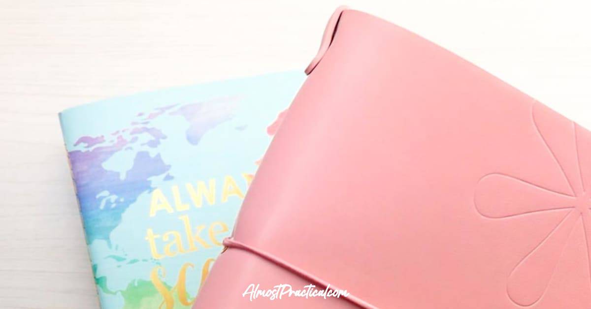 The Erin Condren Petite Planner On the Go Folio in Blush with the Travel Journal behind it.