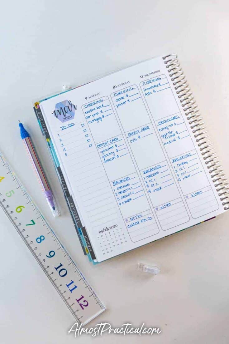 Sample household budget in an Erin Condren Life Planner vertical layout.