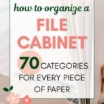 the words "how to organize a file cabinet - 70 categories for every piece of paper" superimposed on a photo of file folders and a laptop computer