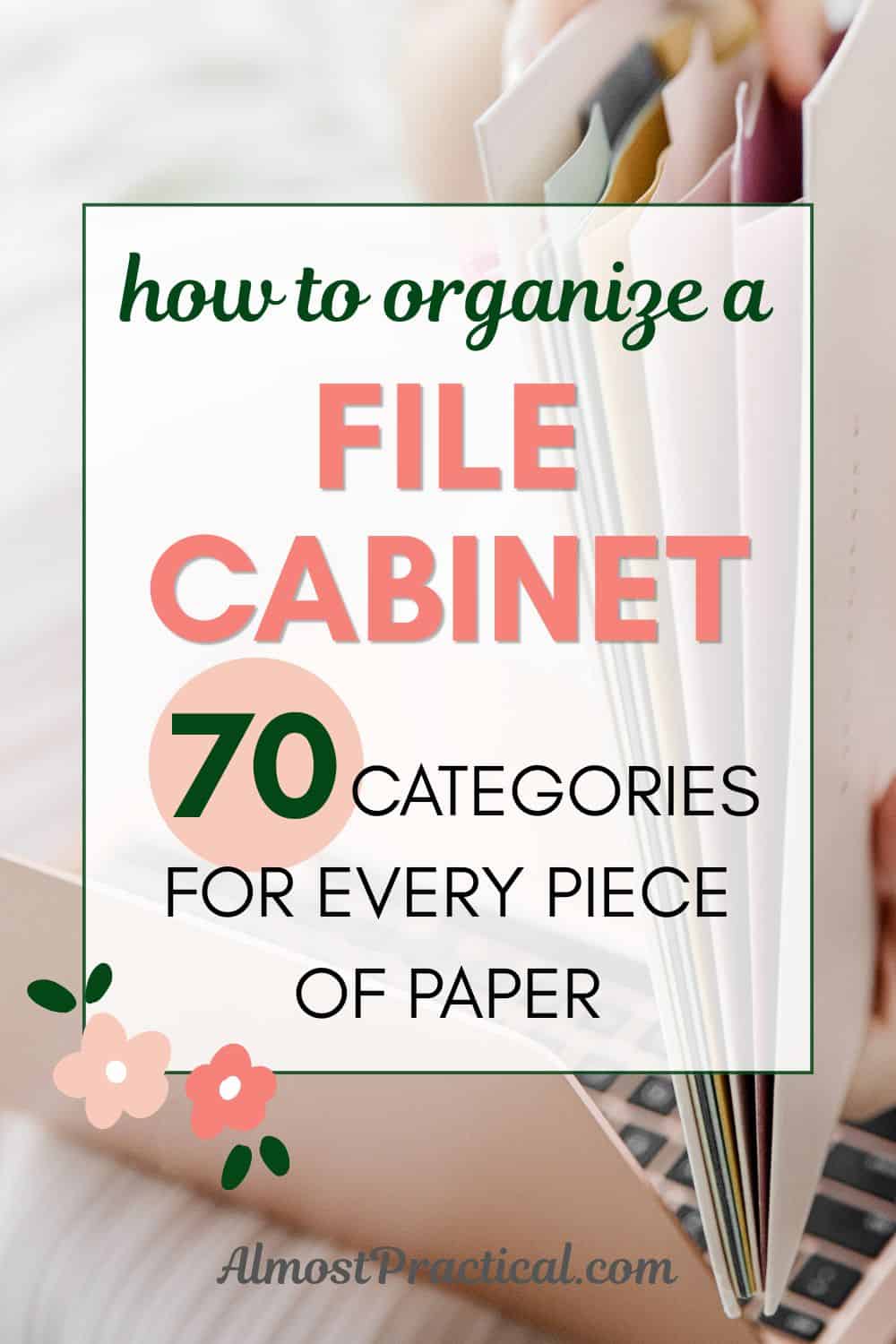 the words "how to organize a file cabinet - 70 categories for every piece of paper" superimposed on a photo of file folders and a laptop computer