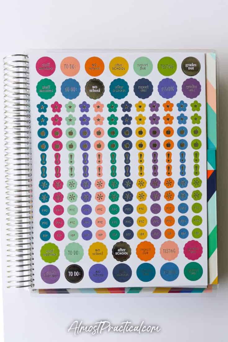 Sticker pages in the Erin Condren Coiled Teacher Planner for 2020/2021