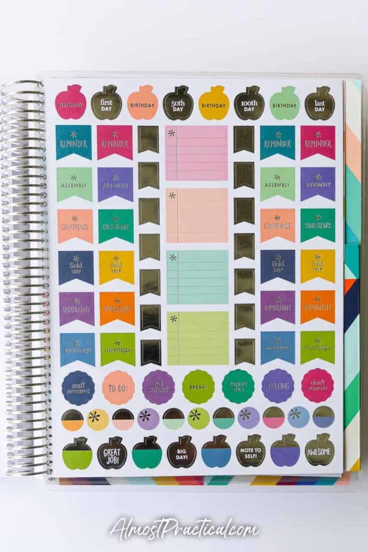 Sticker pages in the Erin Condren Coiled Teacher Planner for 2020/2021