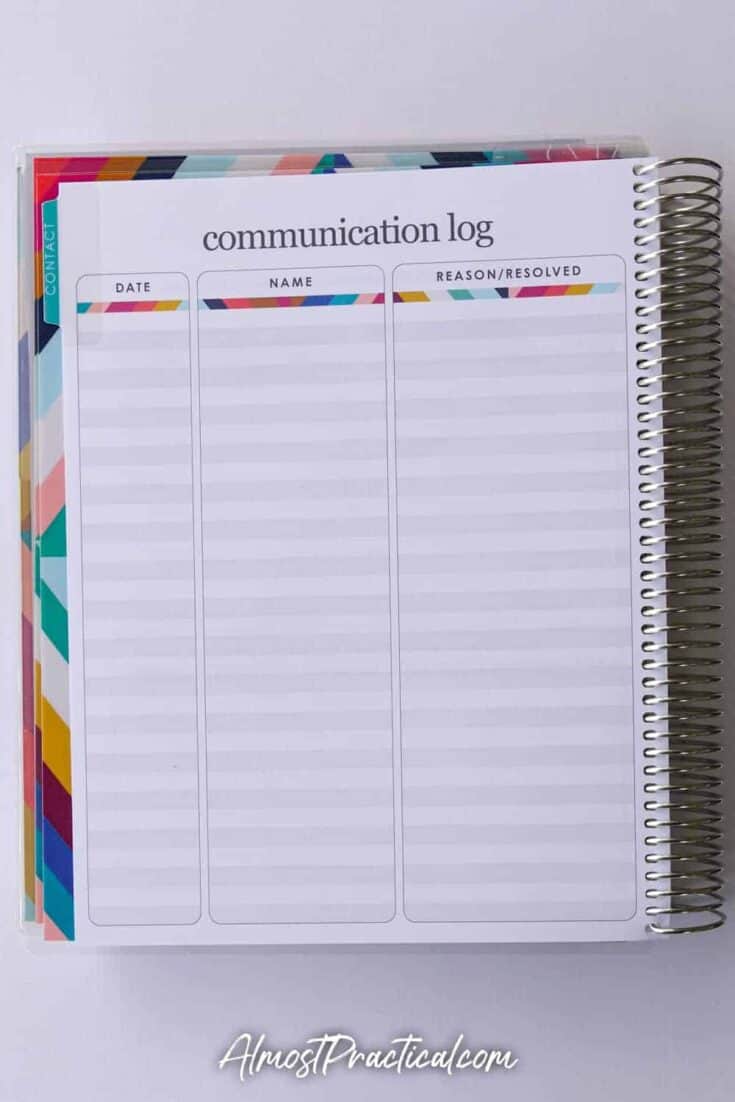 Communication log in the Erin Condren Coiled Teacher Planner