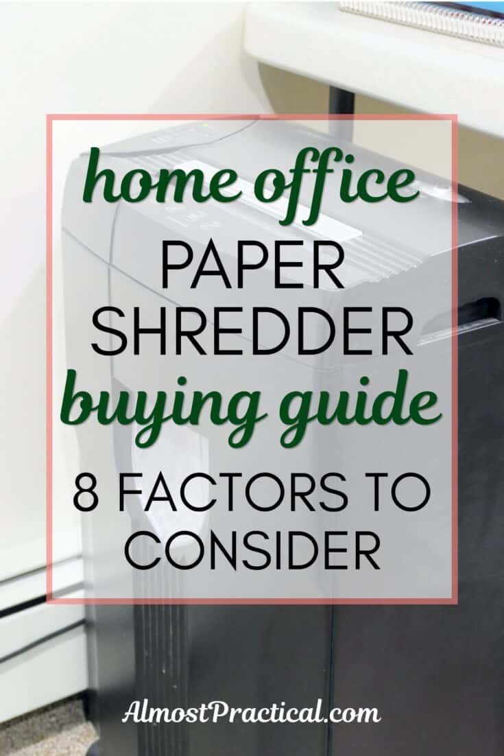 title of post - home office paper shredder buying guide - 8 factors to consider superimposed on top of a photo of a black home office paper shredder