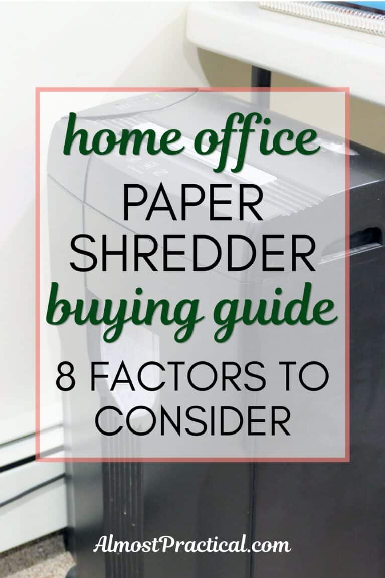 title of post - home office paper shredder buying guide - 8 factors to consider superimposed on top of a photo of a black home office paper shredder