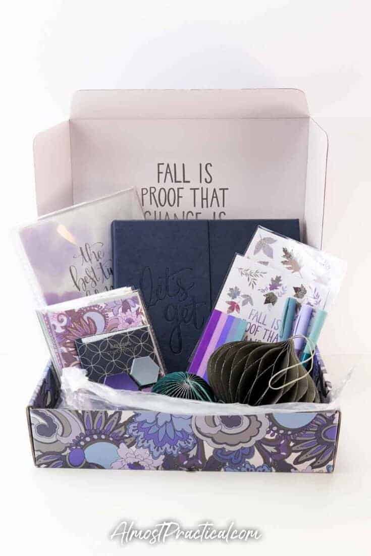 The Fall 2020 Erin Condren Seasonal Surprise Box with contents displayed inside.