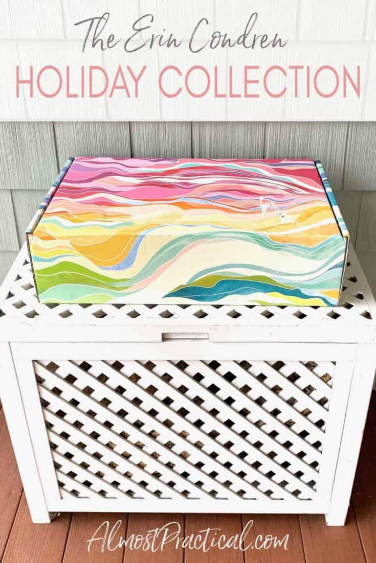 Shipping box in the Erin Condren Layers Colorful design on top of a lattice storage box.