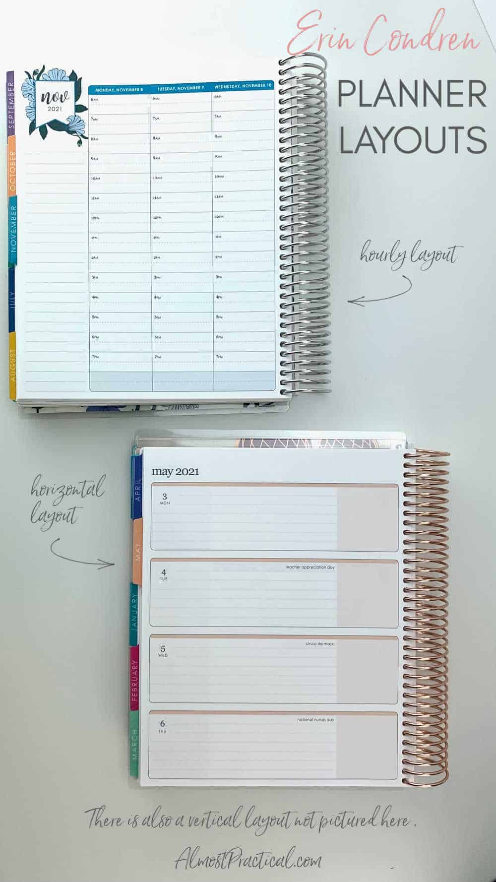 Erin Condren coiled LifePlanner showing the interior layouts of hourly and horizontal.