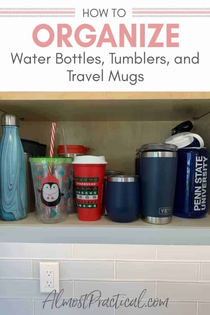 an organized cabinet filled with water bottles