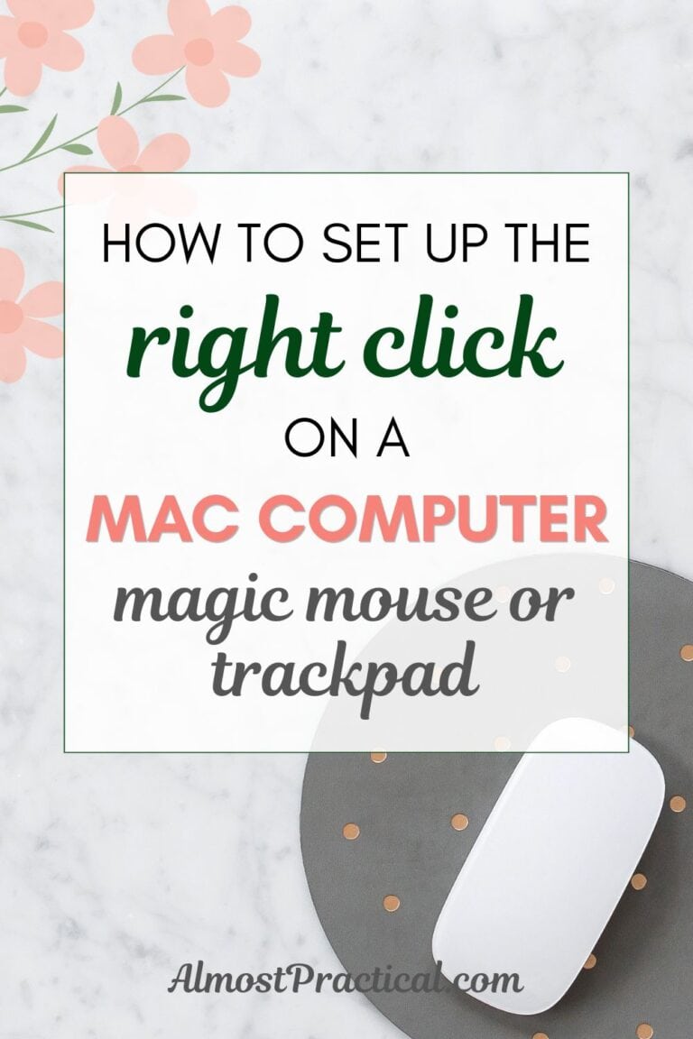 the words "how to set up the righ click on a Mac Computer magic mouse or trackpad" superimposed on a photo of a mouse on a mousepad