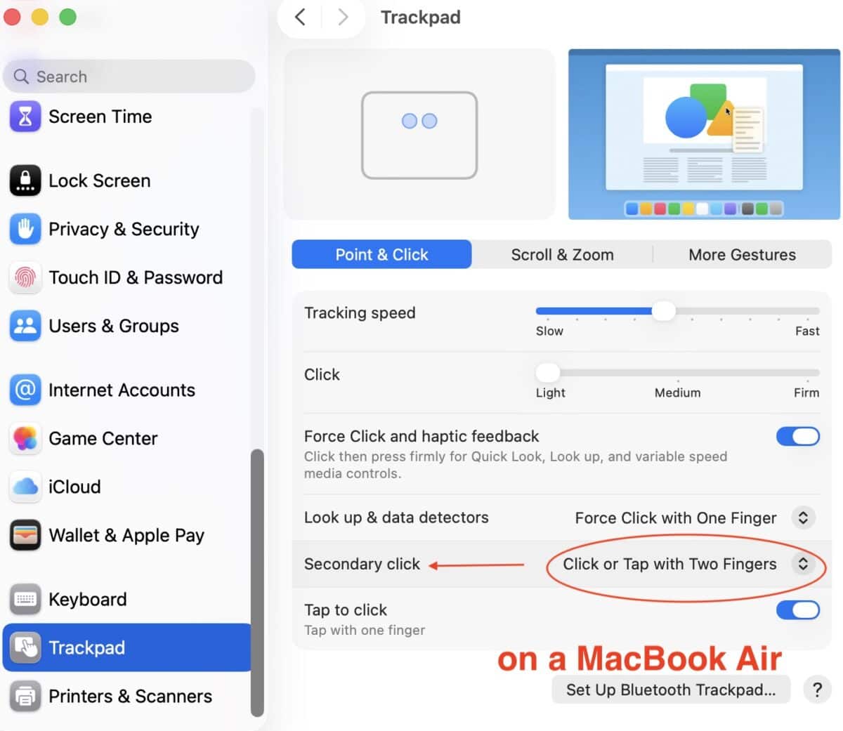 a screenshot of the trackpad settings on a MacBook Air