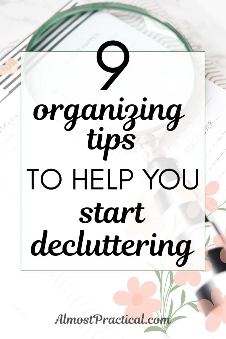9 organizing tips to help you start decluttering - words on a background picture of a magnifying glass with checker pattern handle