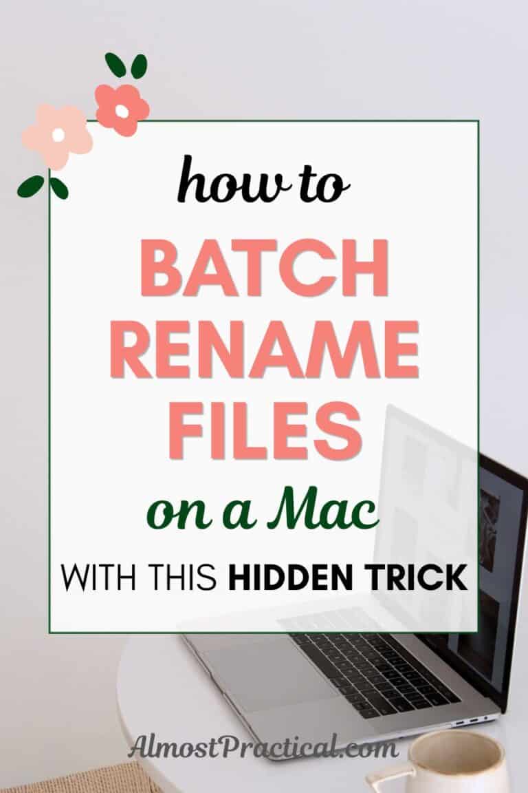 the words "how to batch rename files on a Mac with this hidden trick" superimposed on a photo of an open laptop on a table
