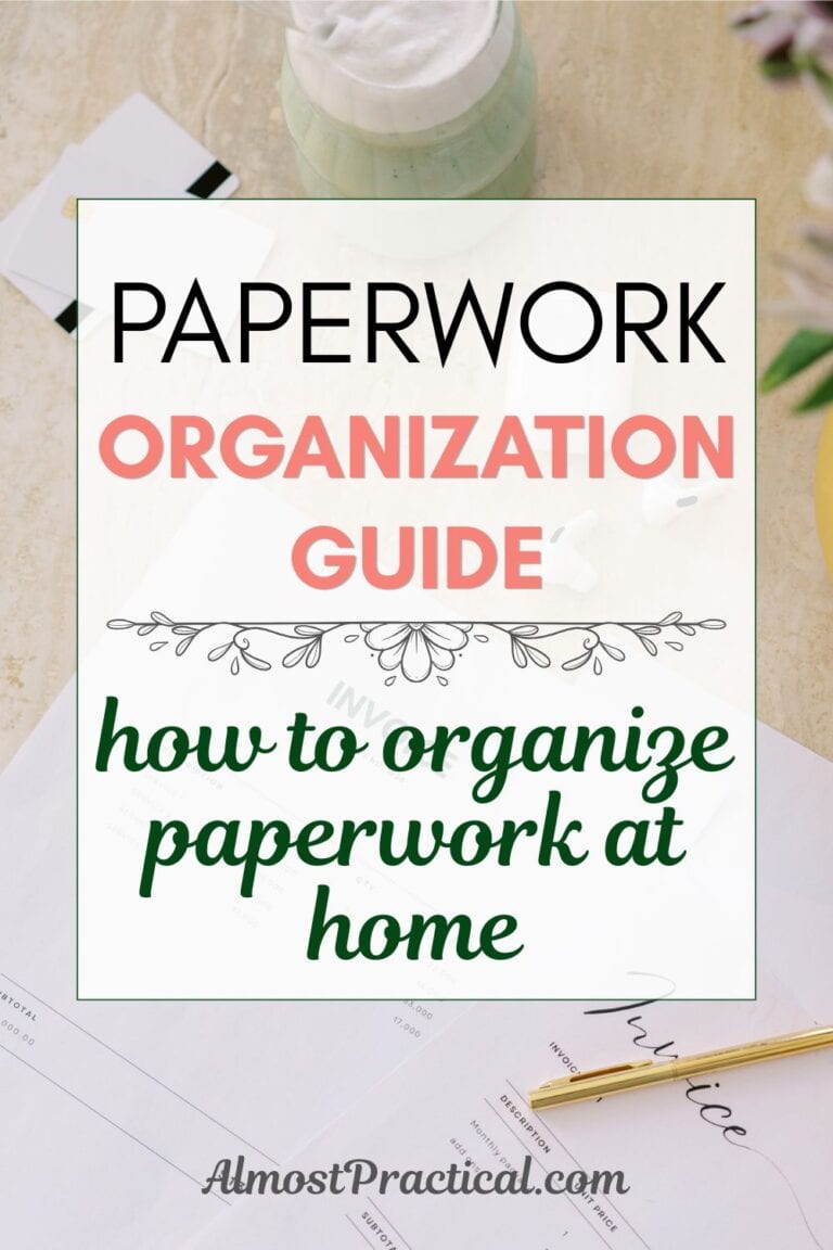 the words: "paperwork organization guide - how to organize paperwork at home" superimposed on a photo of some invoices scattered on a table with a gold pen