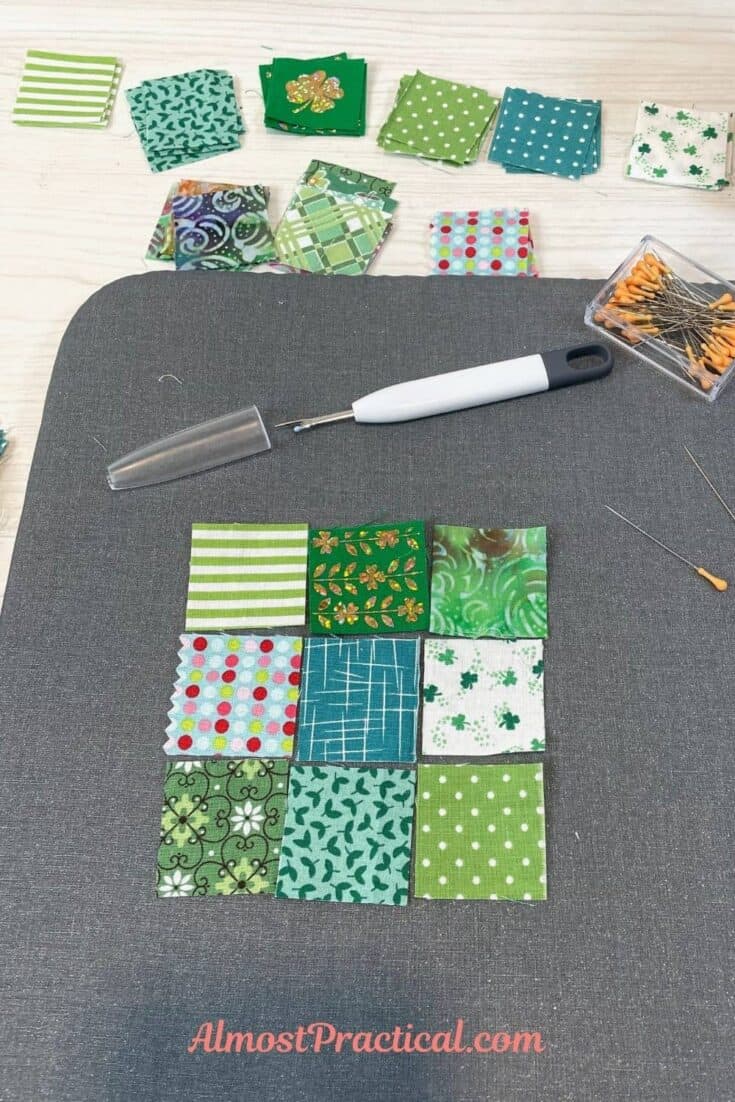 laying out quilt squares to make a nine patch block