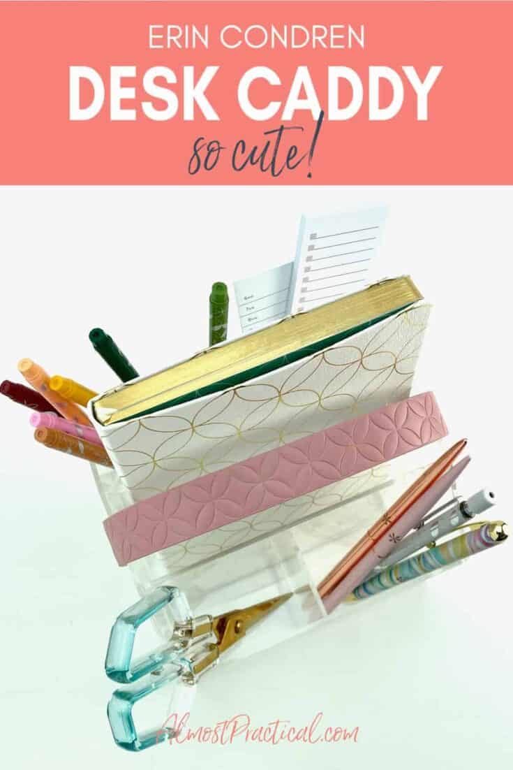 acrylic desk caddy filled with office supplies