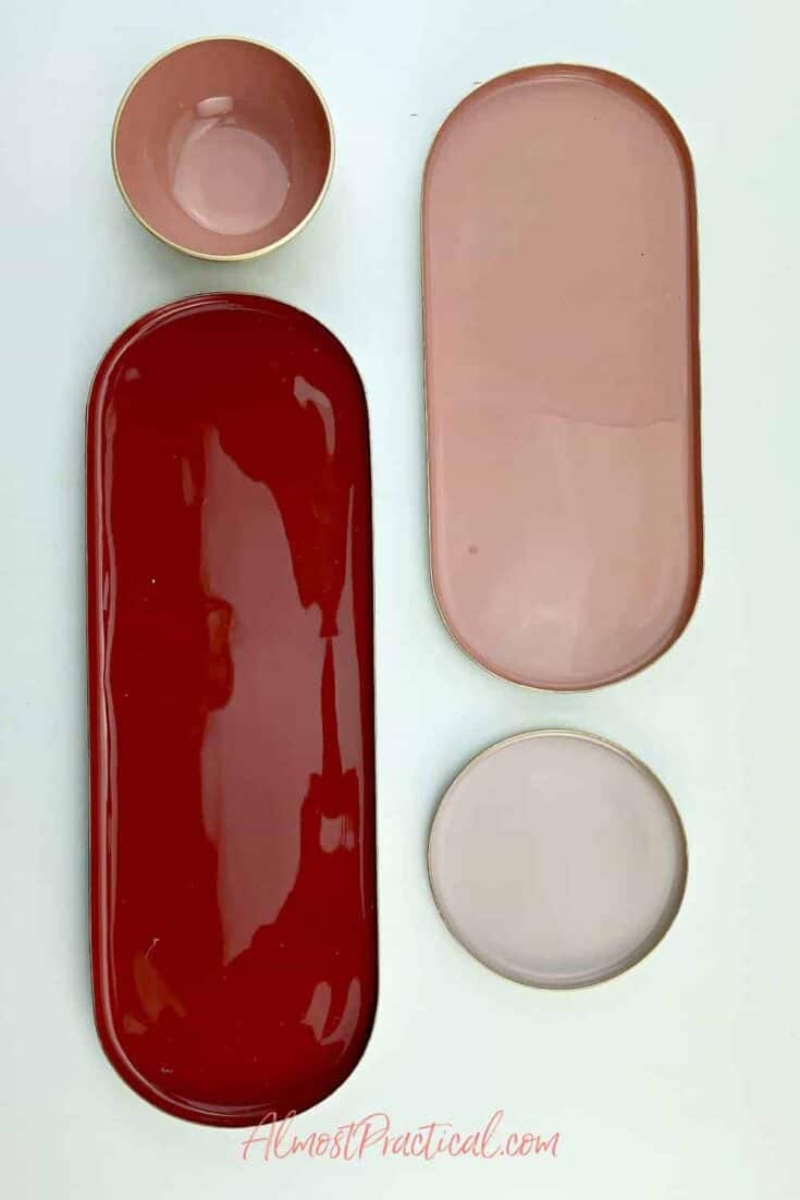 set of pink and mauve tone oval desk trays.