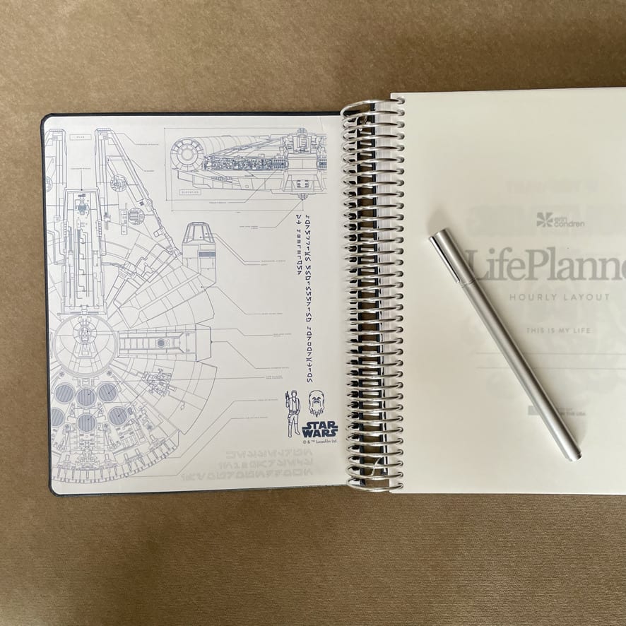 The inside cover of the Erin Condren Star Wars LifePlanner with the navy blue vegan leather cover showing a detailed drawing of the Millenium Falcon